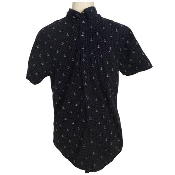 Denim & Flower Mens Size Small Navy Blue Anchor Print Button Down Preppy Shirt - Picture 1 of 8